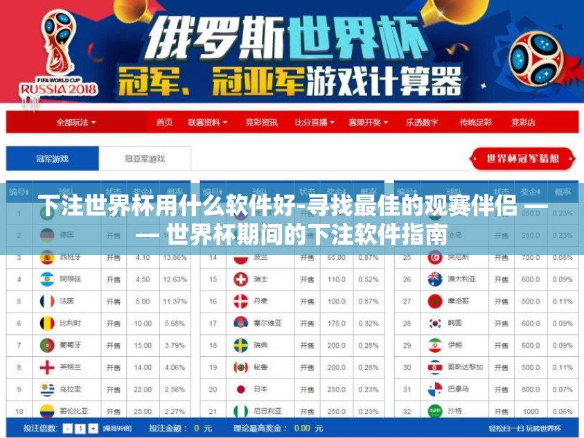 下注世界杯用什么软件好-寻找最佳的观赛伴侣 —— 世界杯期间的下注软件指南 下注世界杯用什么软件好-寻找最佳的观赛伴侣 —— 世界杯期间的下注软件指南