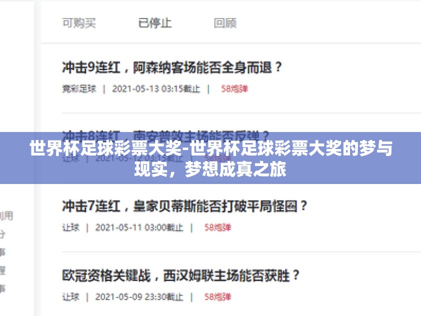 世界杯足球彩票大奖-世界杯足球彩票大奖的梦与现实，梦想成真之旅